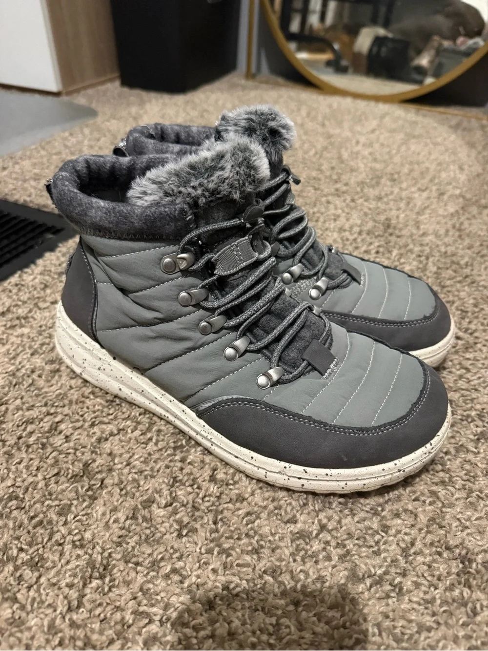 Gray Quilted Faux-Fur Trim Winter Boots